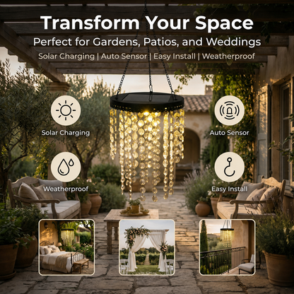 Waterproof Outdoor Solar Crystal Chandelier, Hanging Acrylic Pendant Light for Garden Patio Backyard Decor
