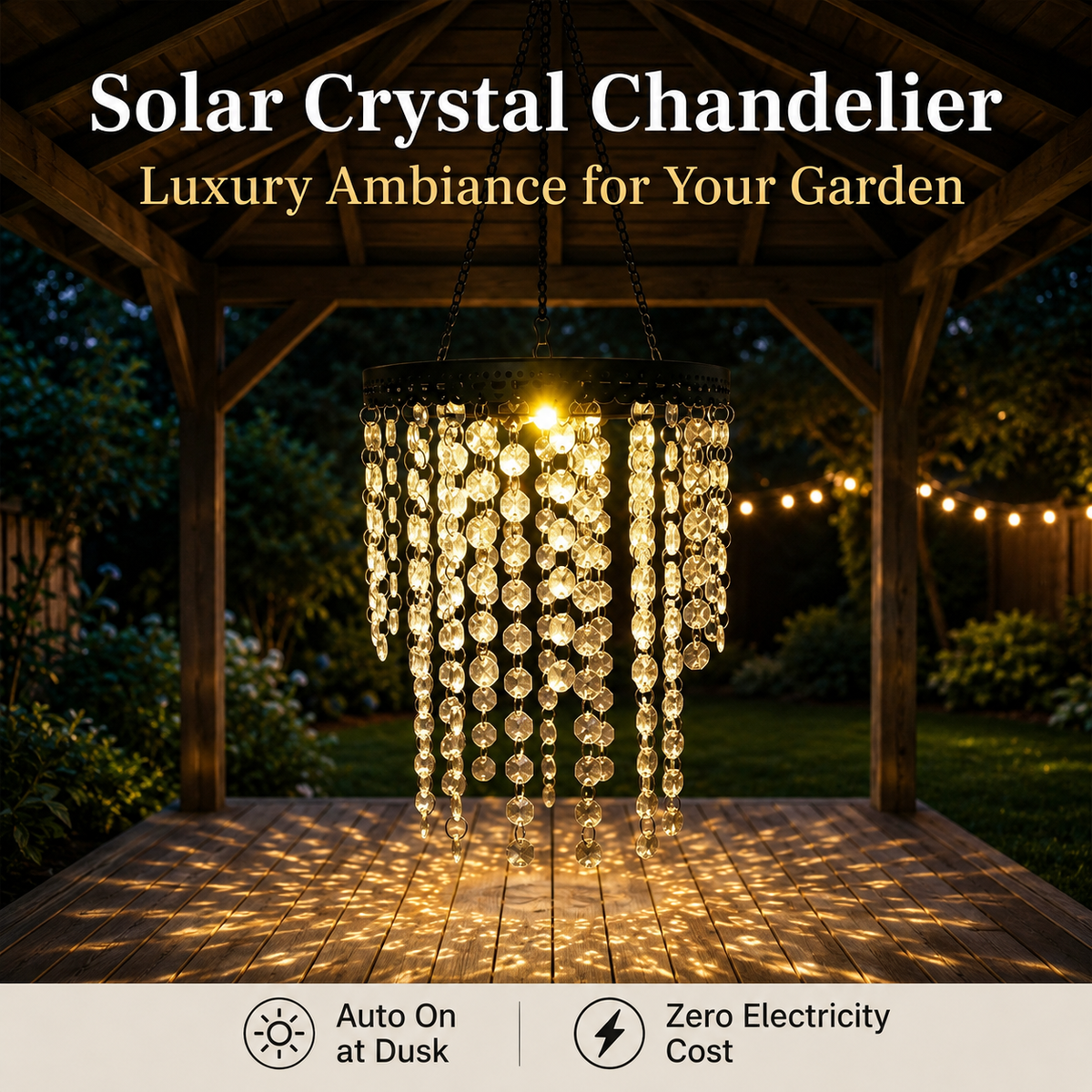Waterproof Outdoor Solar Crystal Chandelier, Hanging Acrylic Pendant Light for Garden Patio Backyard Decor