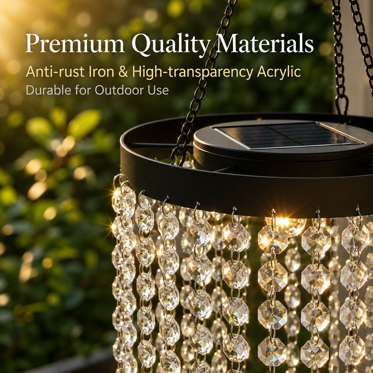Waterproof Outdoor Solar Crystal Chandelier, Hanging Acrylic Pendant Light for Garden Patio Backyard Decor