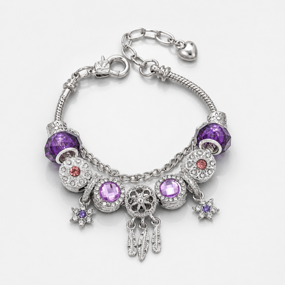 ✨ Mystic Purple Crystal Charm Bracelet 💜 Dreamcatcher & Feather Pendants