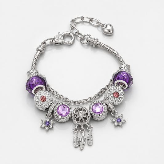 ✨ Mystic Purple Crystal Charm Bracelet 💜 Dreamcatcher & Feather Pendants