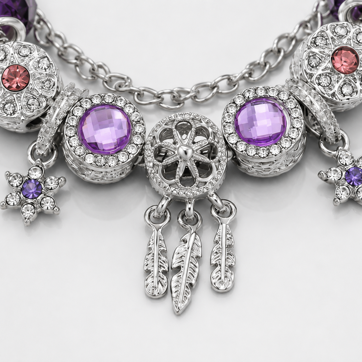✨ Mystic Purple Crystal Charm Bracelet 💜 Dreamcatcher & Feather Pendants