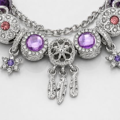 ✨ Mystic Purple Crystal Charm Bracelet 💜 Dreamcatcher & Feather Pendants