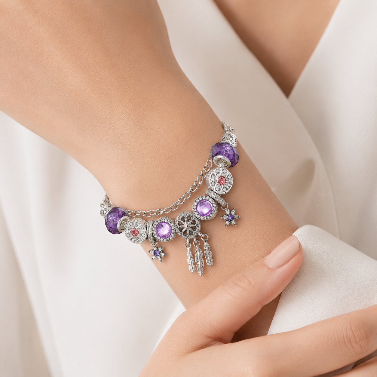 ✨ Mystic Purple Crystal Charm Bracelet 💜 Dreamcatcher & Feather Pendants