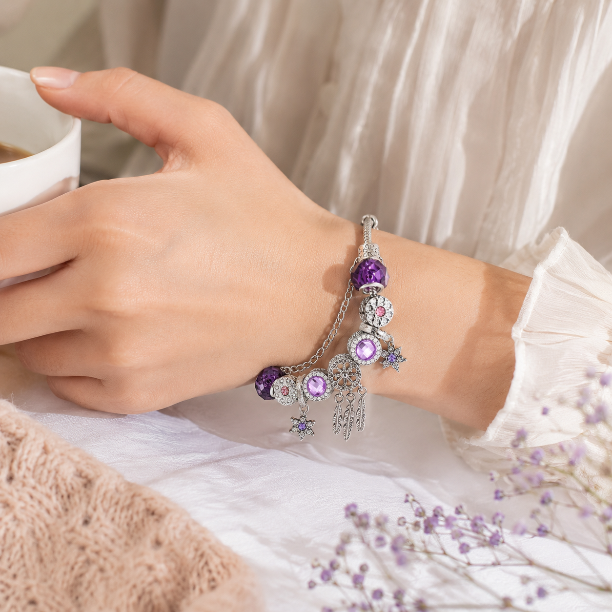 ✨ Mystic Purple Crystal Charm Bracelet 💜 Dreamcatcher & Feather Pendants