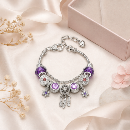 ✨ Mystic Purple Crystal Charm Bracelet 💜 Dreamcatcher & Feather Pendants