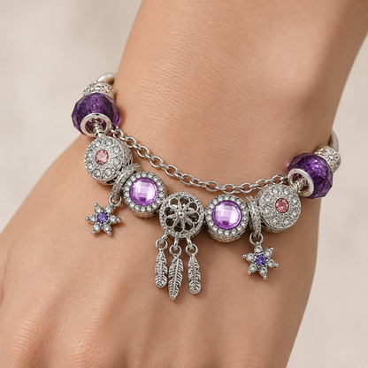 ✨ Mystic Purple Crystal Charm Bracelet 💜 Dreamcatcher & Feather Pendants