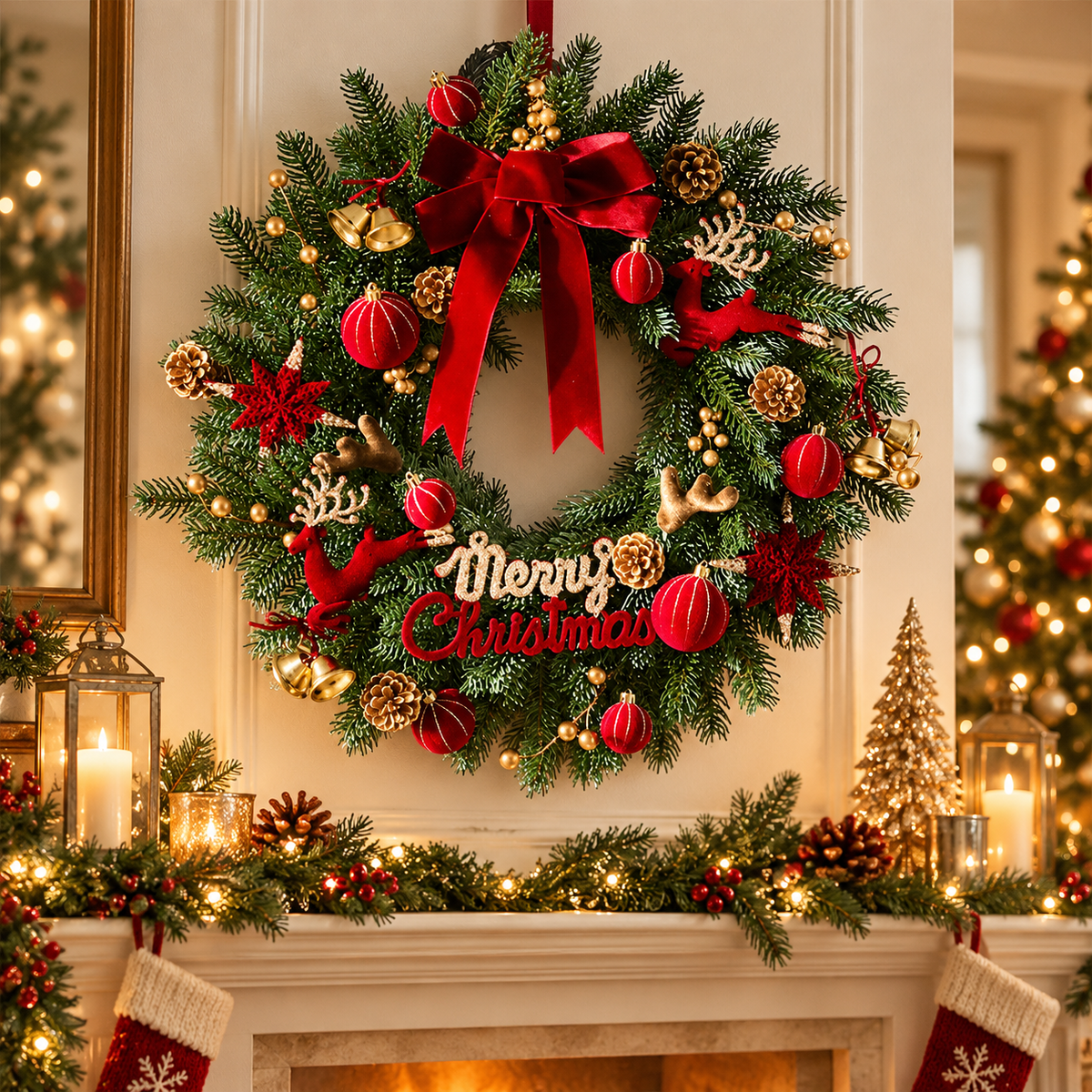 Christmas Wreath Fireplace Decor