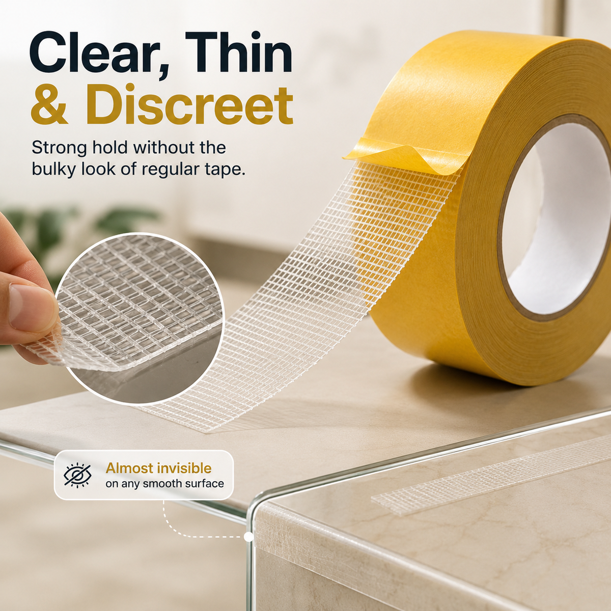 Transparent mesh tape applied discreetly to a smooth table edge