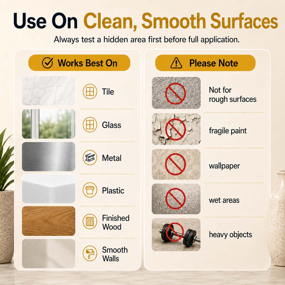 Guide showing suitable smooth surfaces and surfaces to avoid