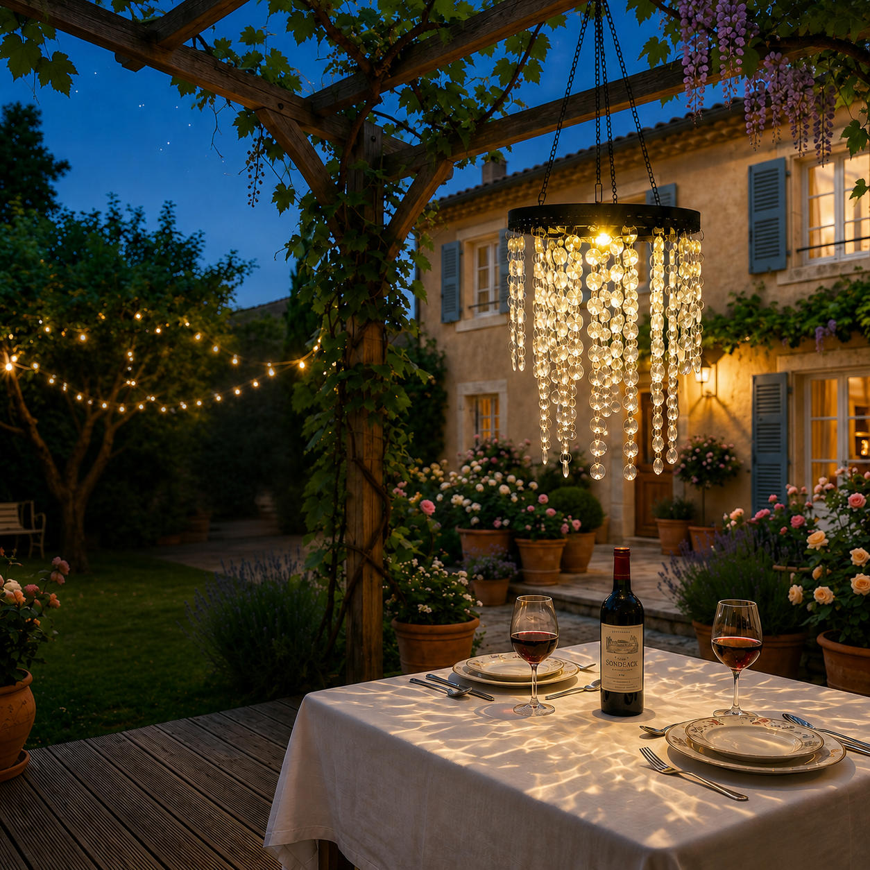 Romantic outdoor solar crystal chandelier hanging under a garden pergola