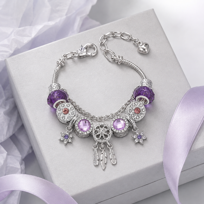 ✨ Mystic Purple Crystal Charm Bracelet 💜 Dreamcatcher & Feather Pendants