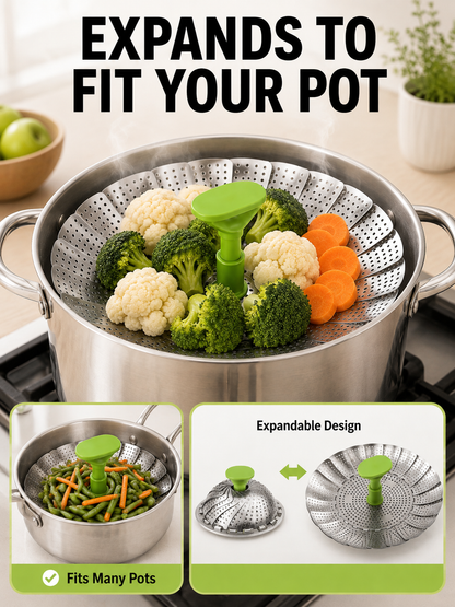 🍽️ Vegetable Steamer Basket 🥦✨ Stainless Steel Folding Expandable Steaming Insert with Extendable Handle for Easy Cooking