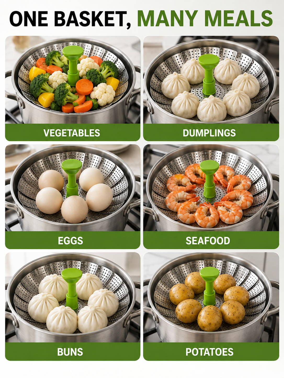 🍽️ Vegetable Steamer Basket 🥦✨ Stainless Steel Folding Expandable Steaming Insert with Extendable Handle for Easy Cooking