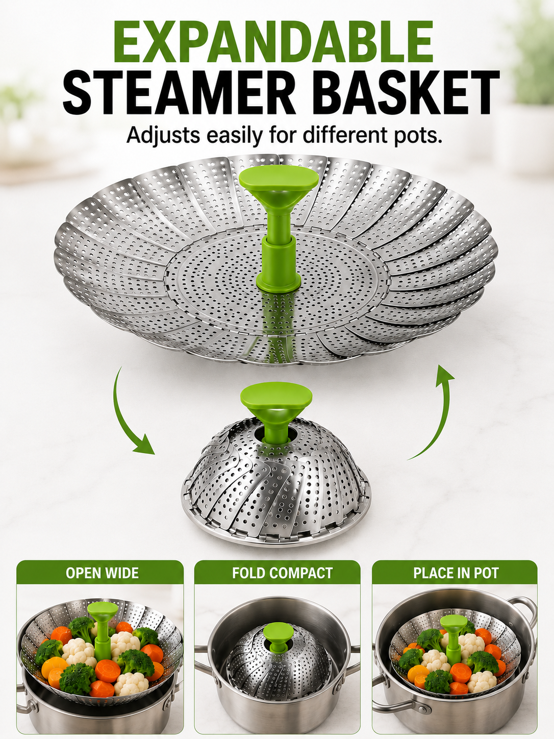 🍽️ Vegetable Steamer Basket 🥦✨ Stainless Steel Folding Expandable Steaming Insert with Extendable Handle for Easy Cooking
