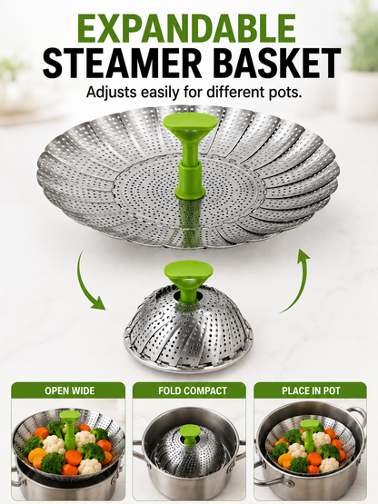 🍽️ Vegetable Steamer Basket 🥦✨ Stainless Steel Folding Expandable Steaming Insert with Extendable Handle for Easy Cooking