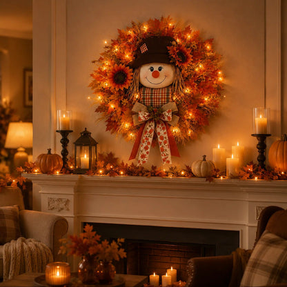 🍂🌻Lighted Scarecrow Fall Wreath for Front Door