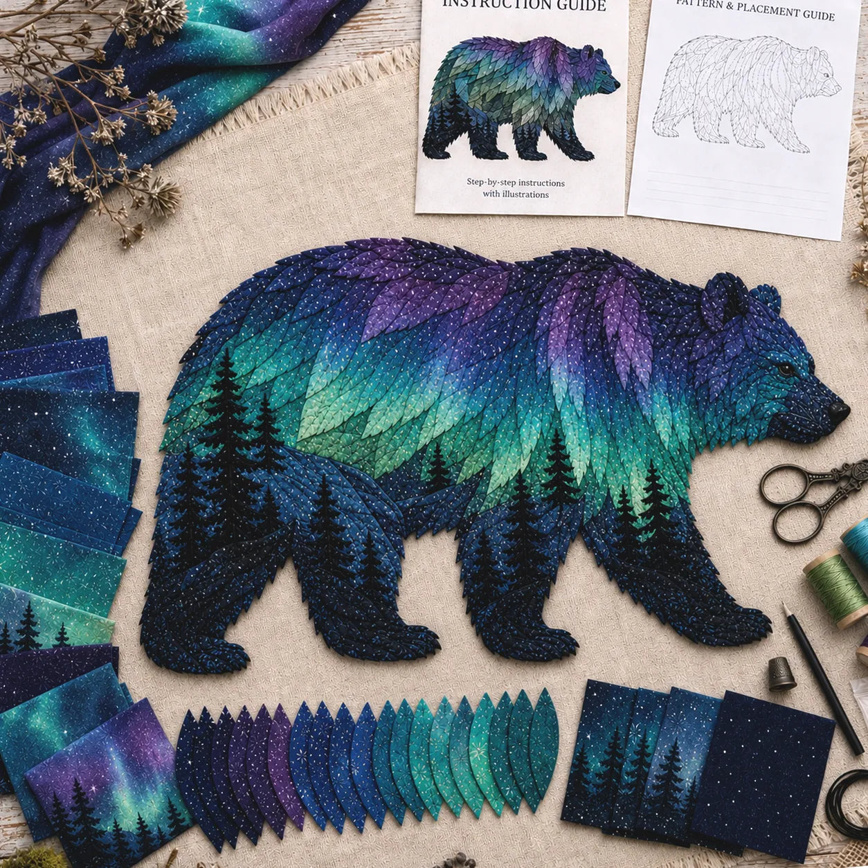 Northern Lights Bear DIY patchwork kit with layered aurora fabric