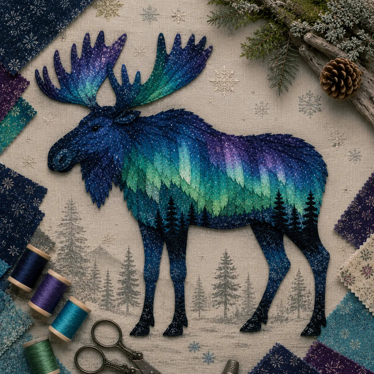 Northern Lights Moose patchwork design