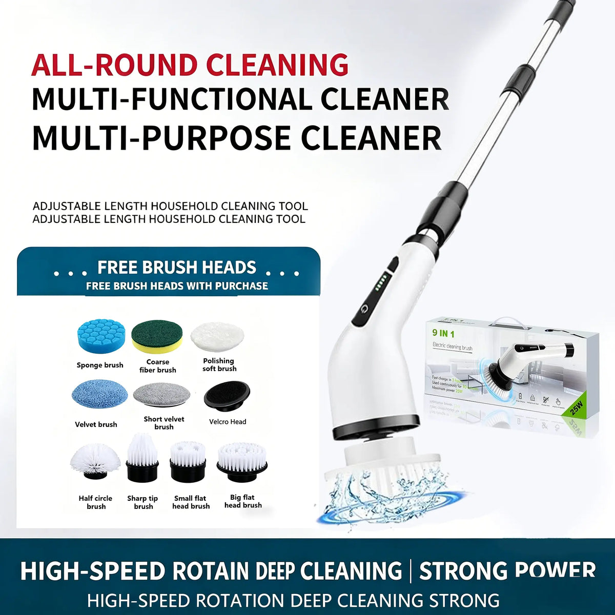 Electric Spin Scrubber With 9 In 1 Brush Heads - Cordless Multi-Surface Cleaning Tool