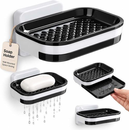 Wall Mounted Double-Layer Soap Dish, No-Drill Self-Draining Bathroom Organizer with Anti-Slip & Drip-Proof Design