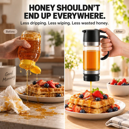 🍯 No-Drip Honey & Syrup Dispenser – Press-to-Pour Glass Jar with Handle