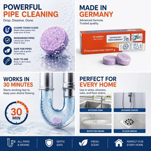 Pipe tablets shown for kitchen sink shower bathtub and floor drains