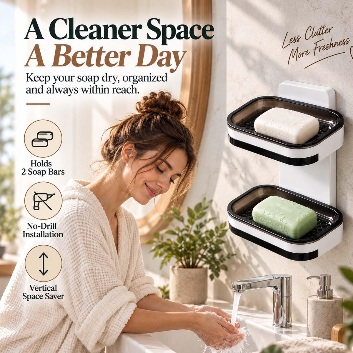 Wall Mounted Double-Layer Soap Dish, No-Drill Self-Draining Bathroom Organizer with Anti-Slip & Drip-Proof Design