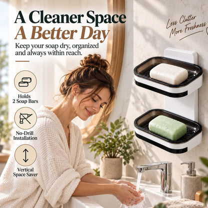 Wall Mounted Double-Layer Soap Dish, No-Drill Self-Draining Bathroom Organizer with Anti-Slip & Drip-Proof Design