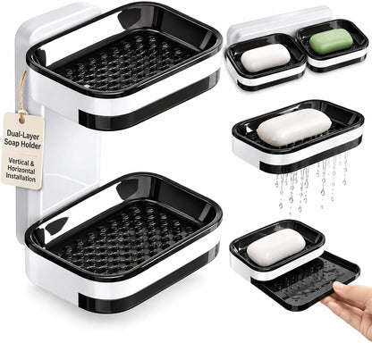Wall Mounted Double-Layer Soap Dish, No-Drill Self-Draining Bathroom Organizer with Anti-Slip & Drip-Proof Design