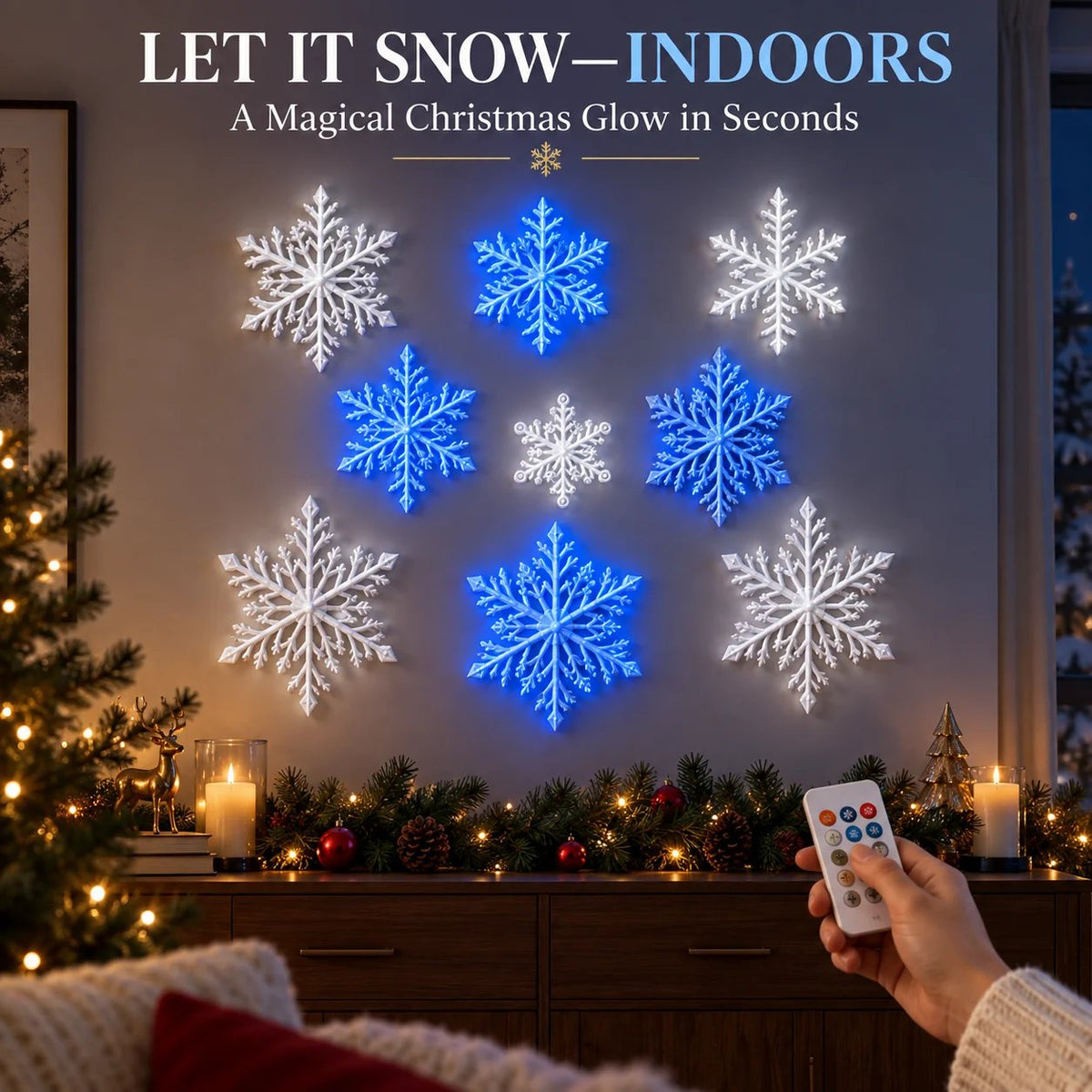 ❄️ 3D LED Snowflake Wall Lights – Remote Control Christmas Décor with Blue & White Glow for Cozy Indoor Holiday Nights✨