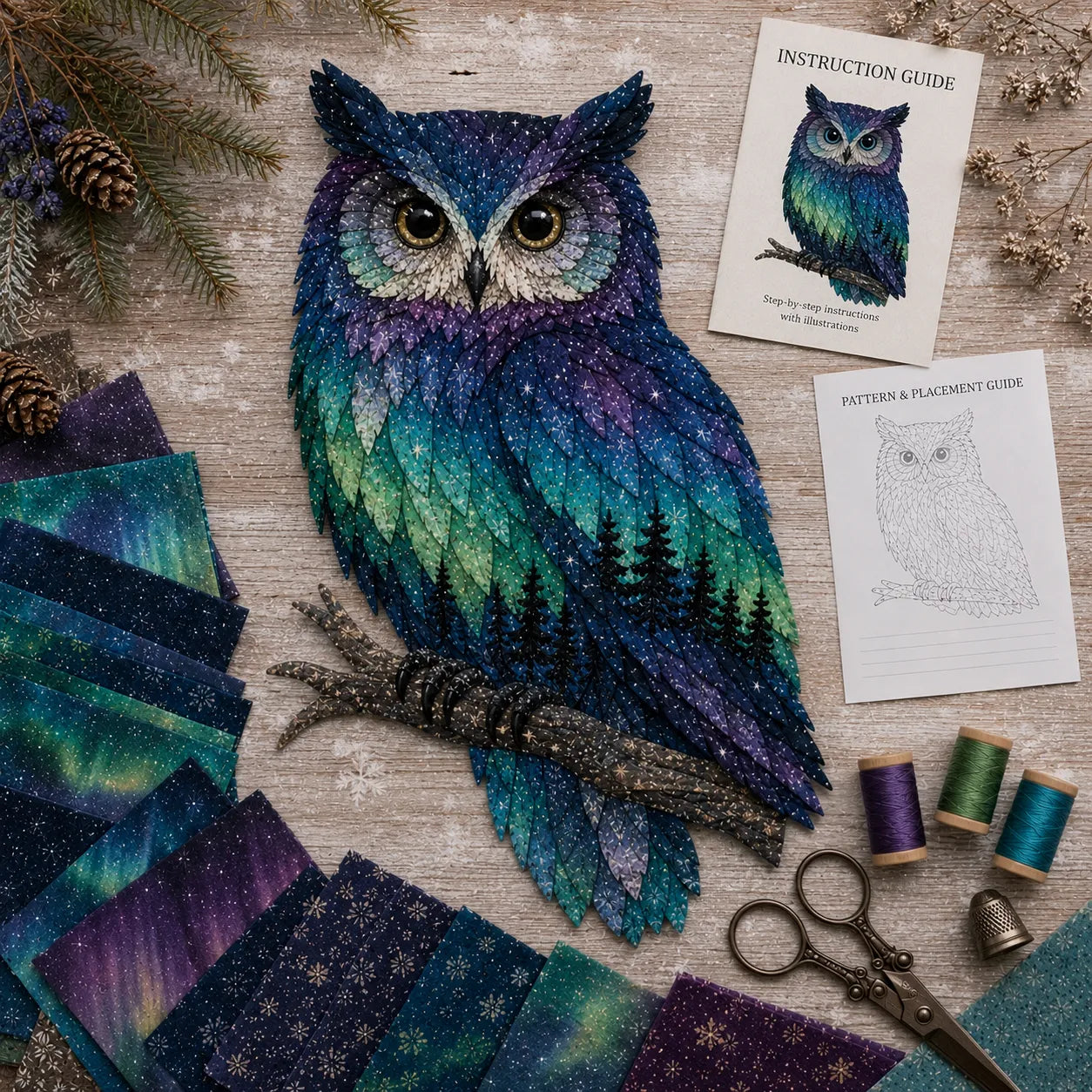 Northern Lights Owl patchwork design