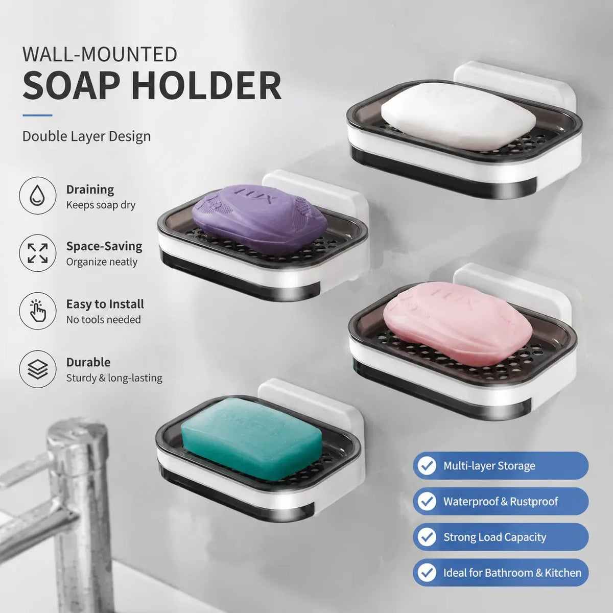 Wall Mounted Double-Layer Soap Dish, No-Drill Self-Draining Bathroom Organizer with Anti-Slip & Drip-Proof Design