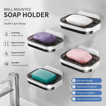 Wall Mounted Double-Layer Soap Dish, No-Drill Self-Draining Bathroom Organizer with Anti-Slip & Drip-Proof Design