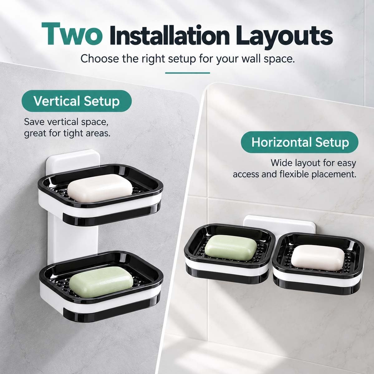 Wall Mounted Double-Layer Soap Dish, No-Drill Self-Draining Bathroom Organizer with Anti-Slip & Drip-Proof Design