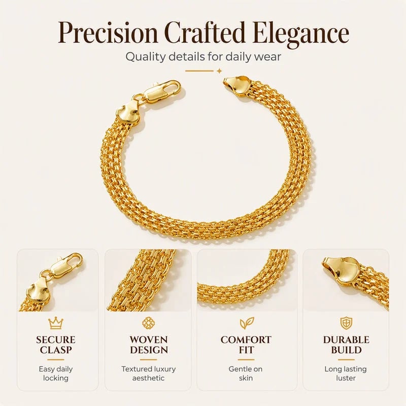 ✨ 14K Gold-Plated Wide Woven Mesh Bracelet – Elegant, Shiny & Timeless
