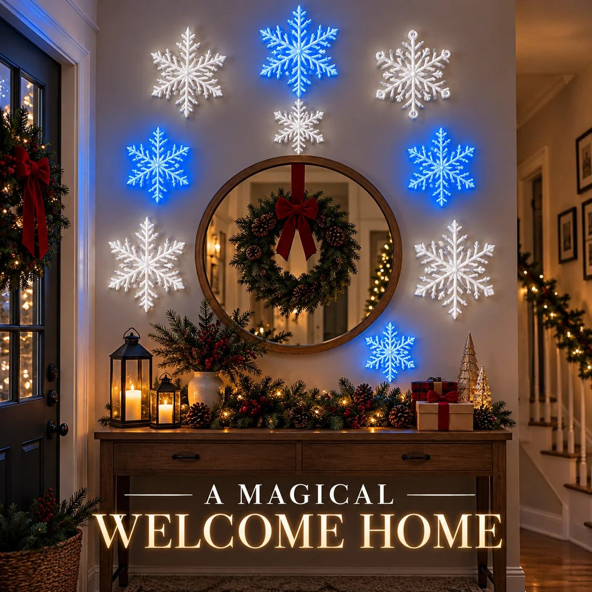 ❄️ 3D LED Snowflake Wall Lights – Remote Control Christmas Décor with Blue & White Glow for Cozy Indoor Holiday Nights✨