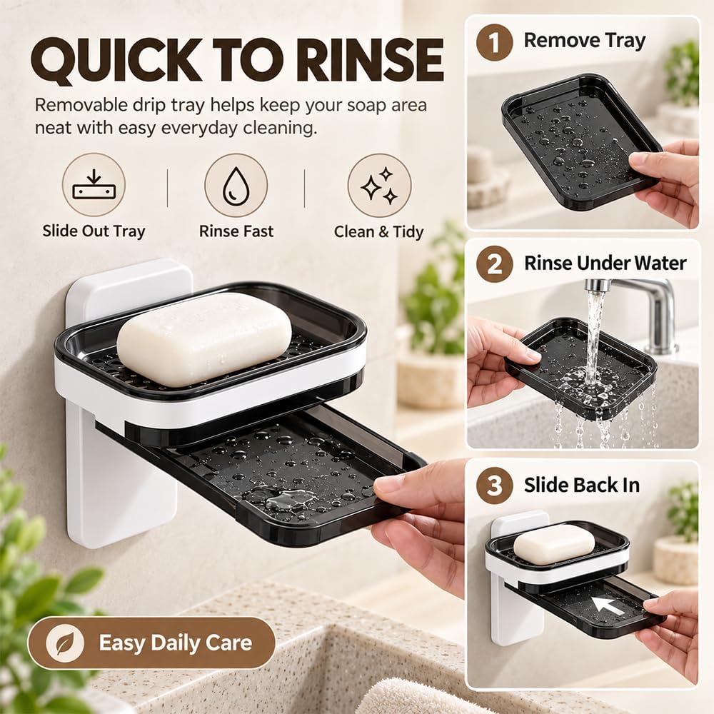 Wall Mounted Double-Layer Soap Dish, No-Drill Self-Draining Bathroom Organizer with Anti-Slip & Drip-Proof Design