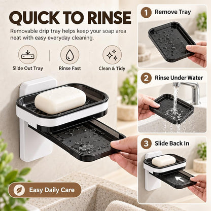 Wall Mounted Double-Layer Soap Dish, No-Drill Self-Draining Bathroom Organizer with Anti-Slip & Drip-Proof Design