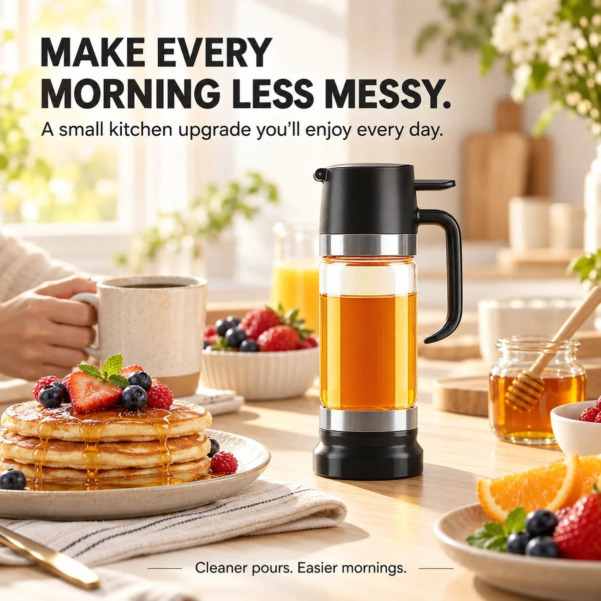 🍯 No-Drip Honey & Syrup Dispenser – Press-to-Pour Glass Jar with Handle
