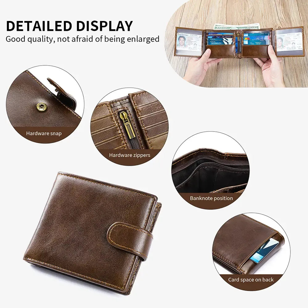 Detailed display of wallet snap zipper cash compartment and rear card pocket