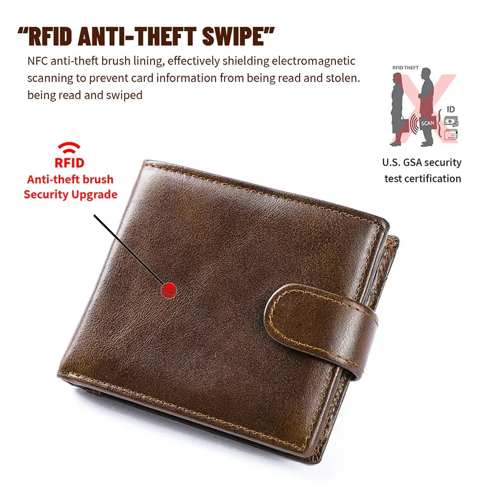 Coffee leather wallet with RFID blocking illustration