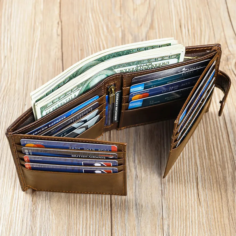 Open coffee leather wallet filled with cards and cash