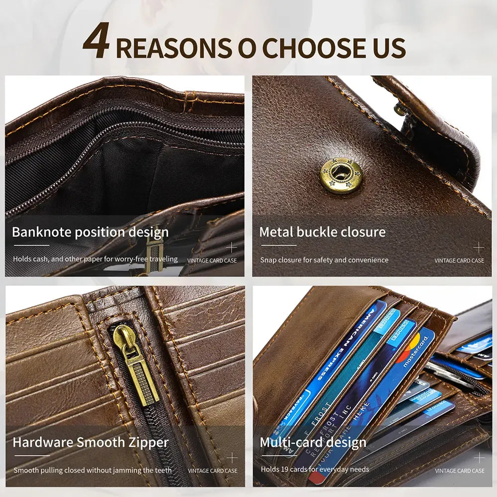Wallet details showing banknote pocket metal snap smooth zipper and multi-card design