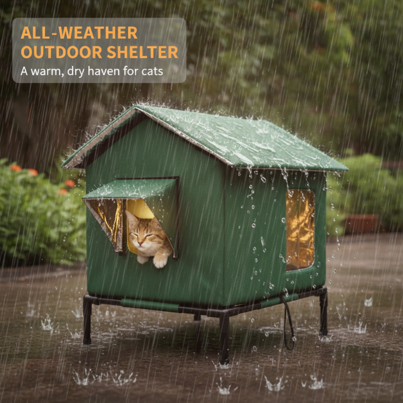 All weather outdoor cat shelter in rain
