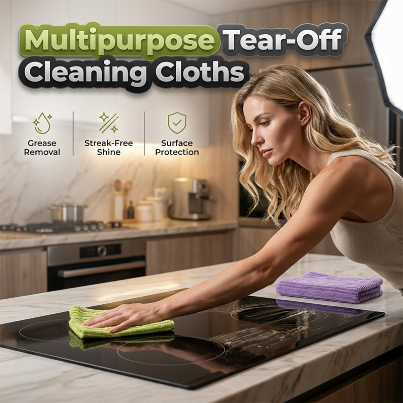 Reusable tear-off cleaning cloth wiping a kitchen stovetop