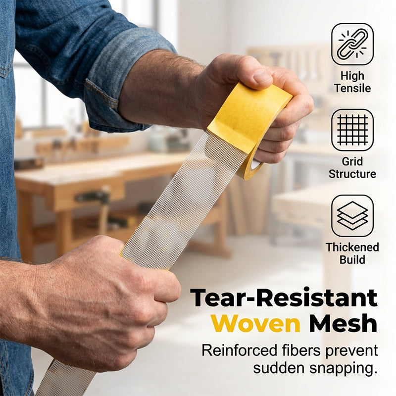 Person stretching reinforced woven mesh tape by hand