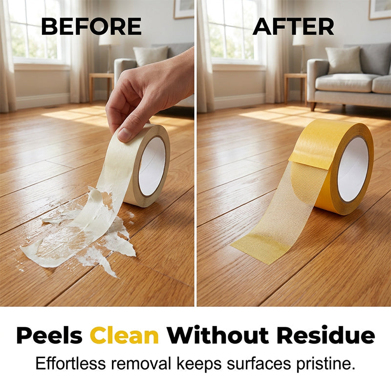 Before and after comparison showing tape removal from finished wood