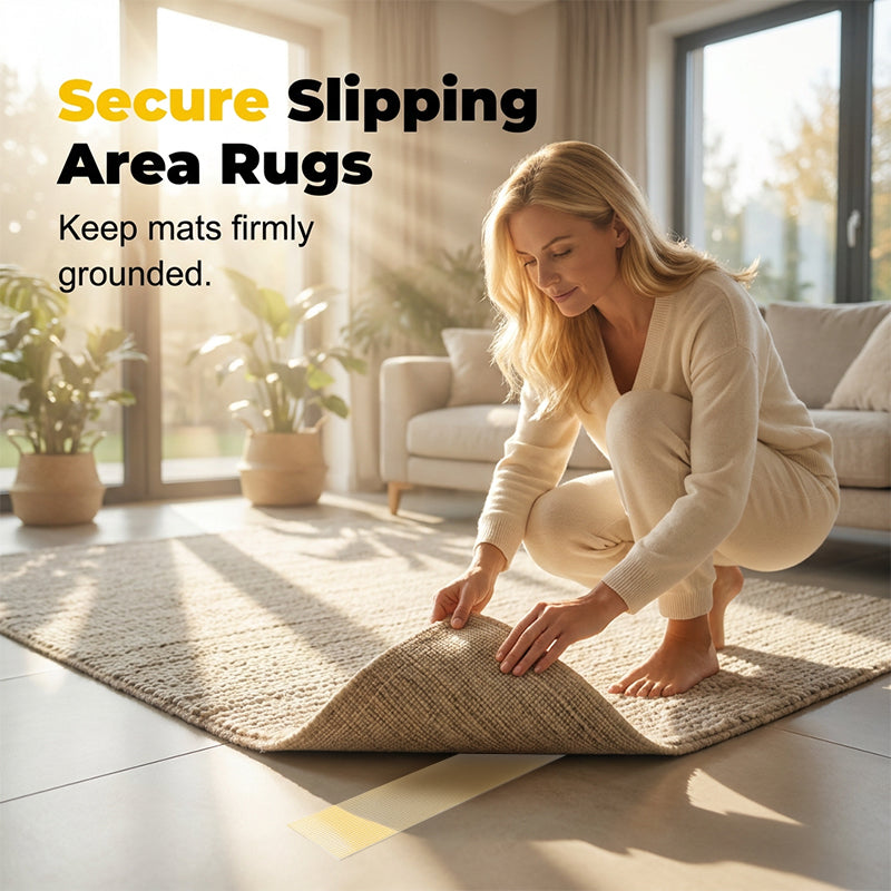 Double-sided mesh tape placed beneath an area rug