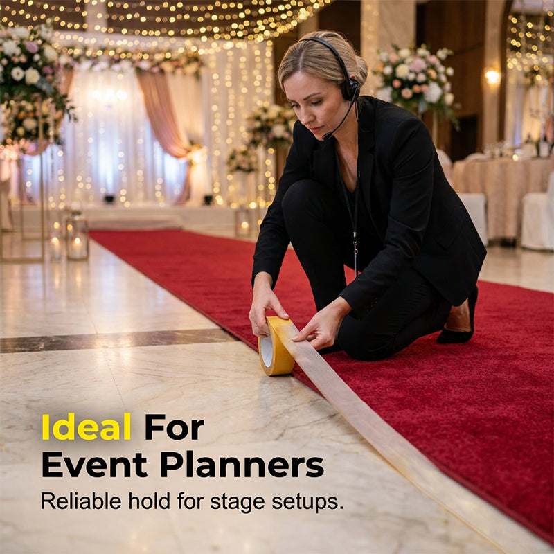 Event planner securing a red carpet edge with mesh tape
